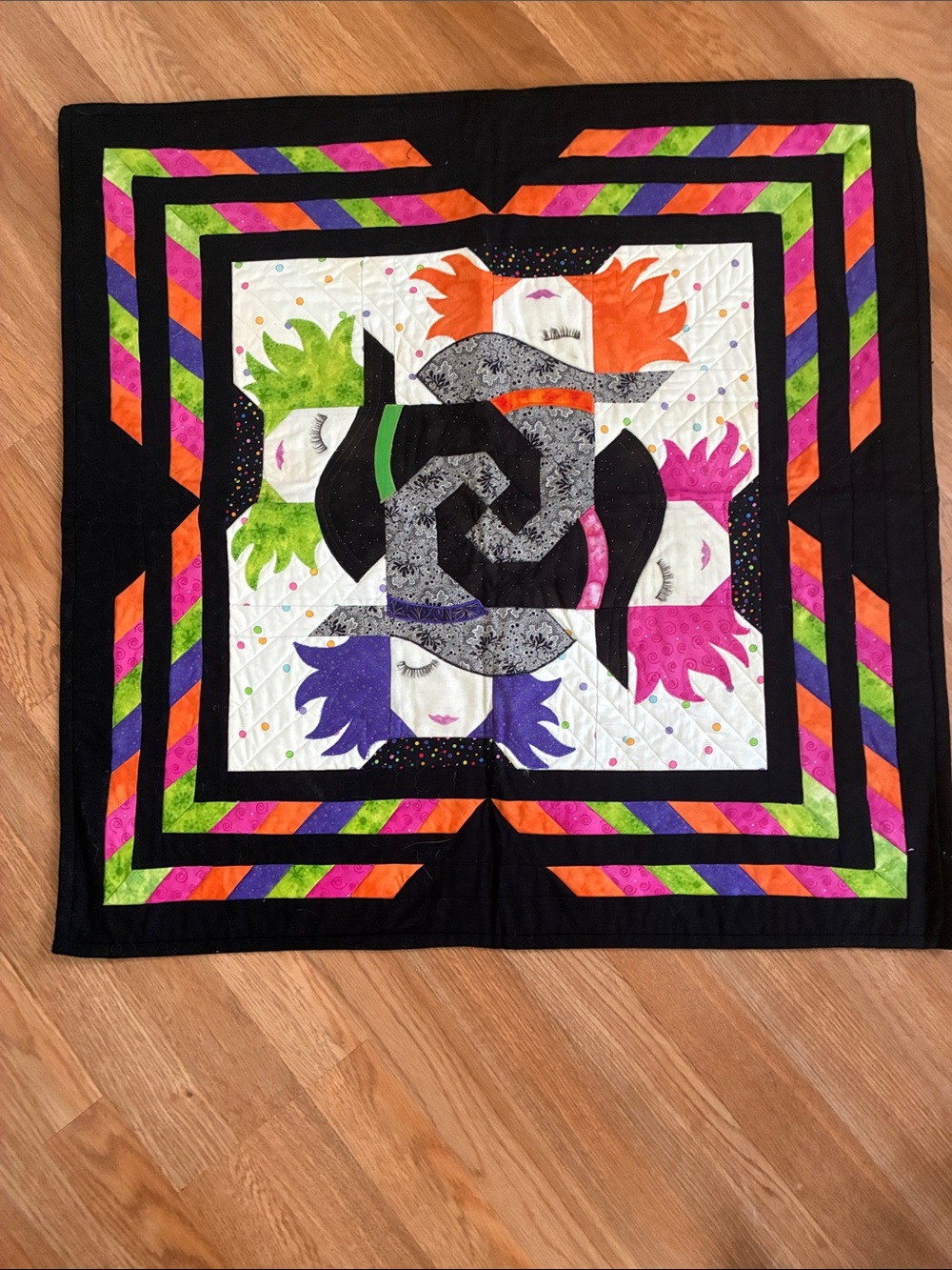 Colorful Halloween Quilt Wall or Window hanging - Blk Org, Green, Purple, Pink